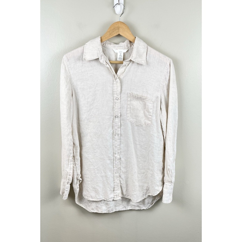 H&M Women's Beige 100% Linen Button Up Shirt Long Sleeves Beach Coastal Sm